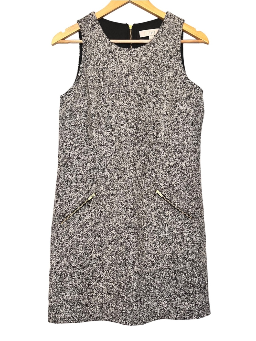 LOFT Ann Taylor Black White Boucle Tweed Wool Shift Dress 2 Zip Pockets Mini